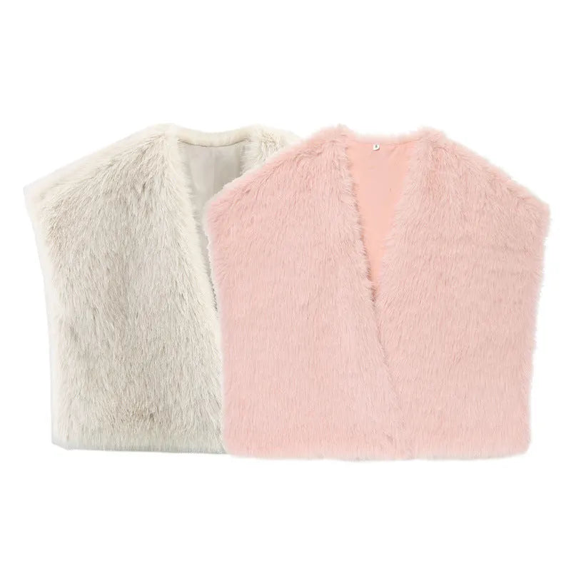 Short faux fur vest for women in beige colour, autumn fashion layering piece