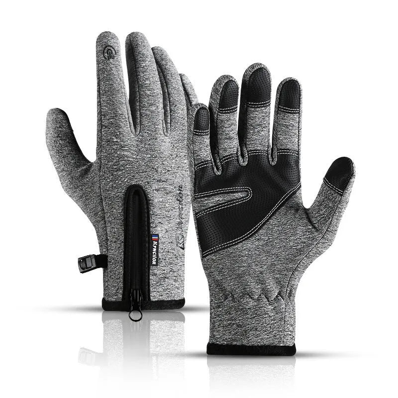 Pair of insulated mittens in black, grey, blue, and pink made from fleece and diving cloth