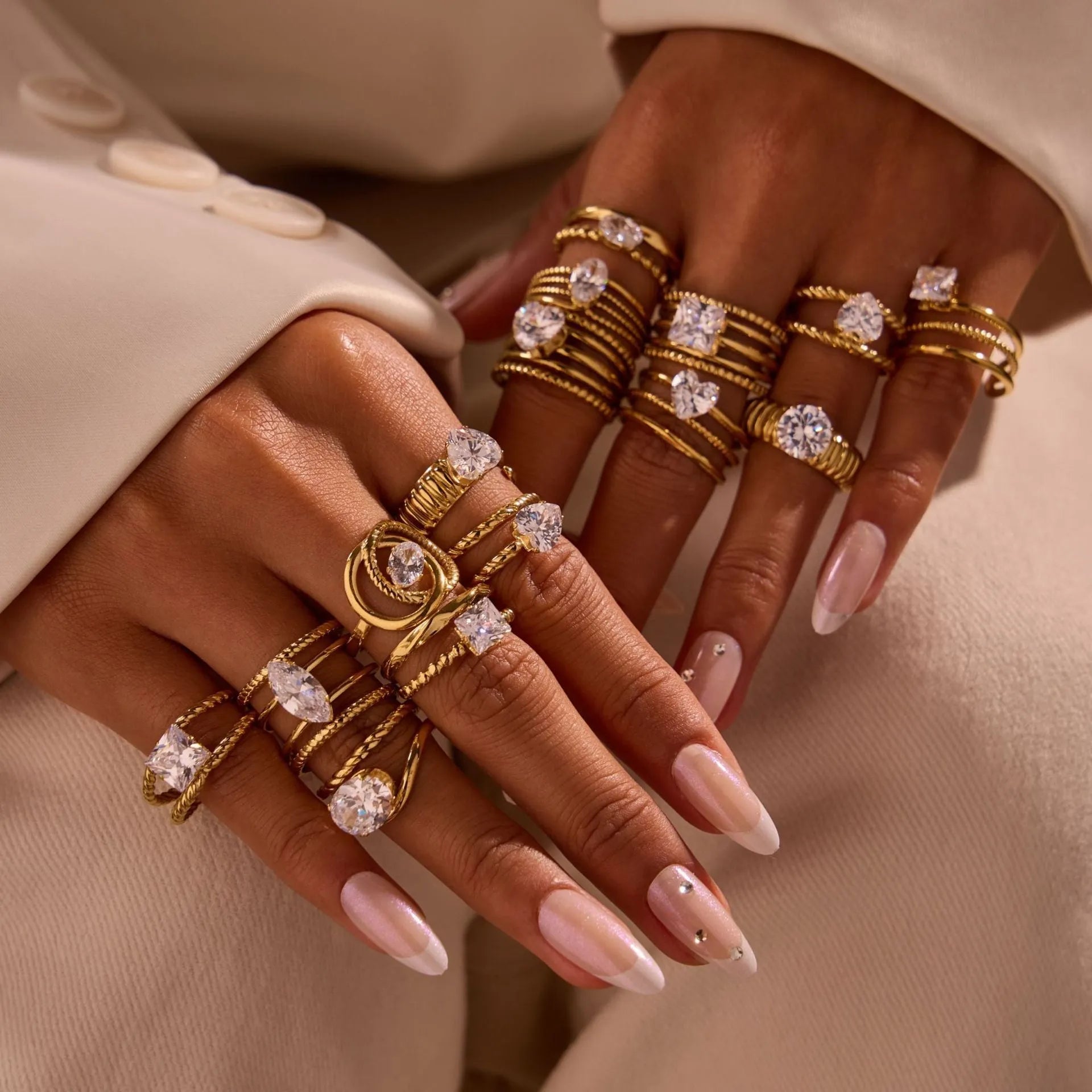 Gold electroplated geometric zircon ring with open mouth design on stainless steel