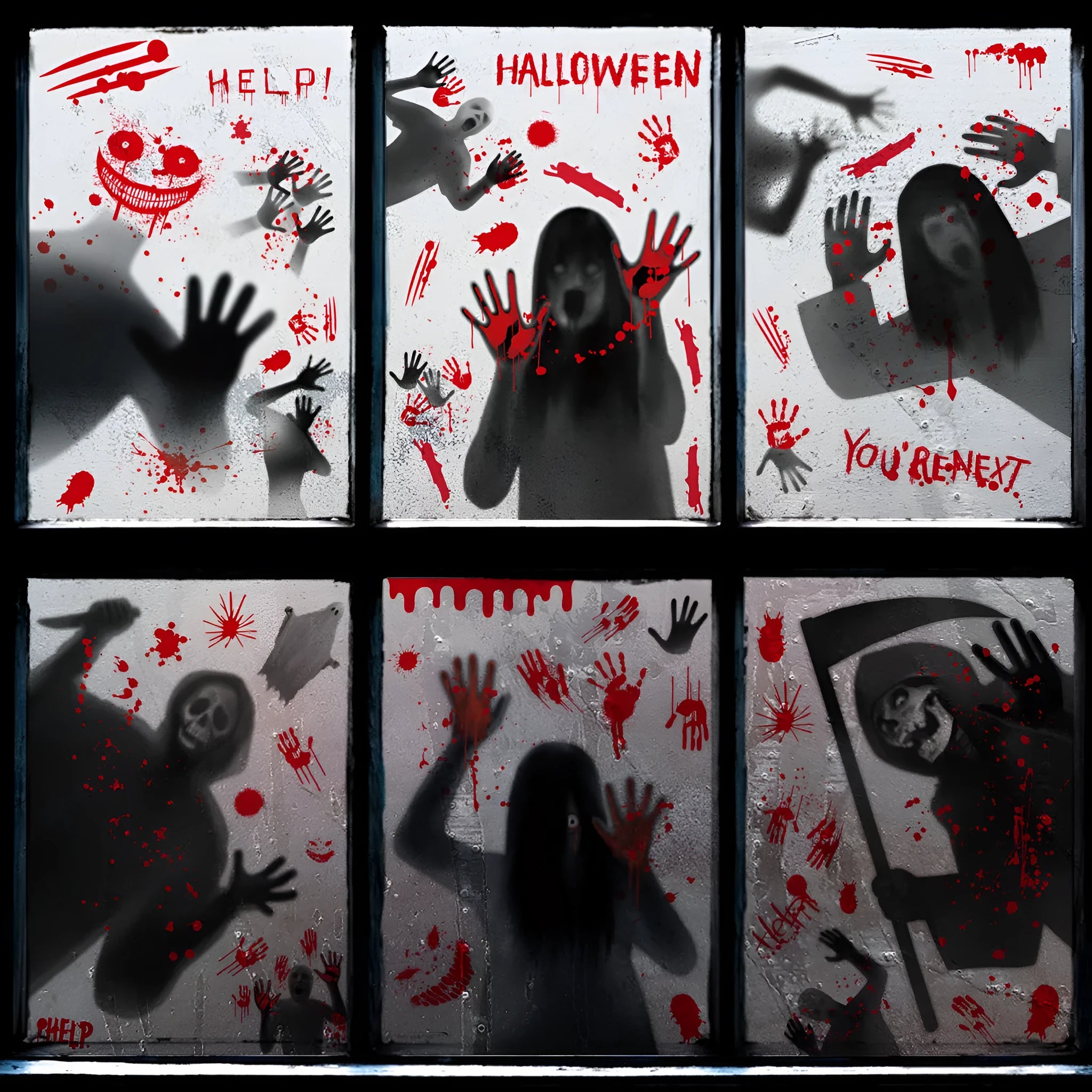 Halloween electrostatic sticker set with female ghost and skull motifs on window