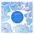 Square mandala colouring book open to show geometric patterns, with soft binder cover.