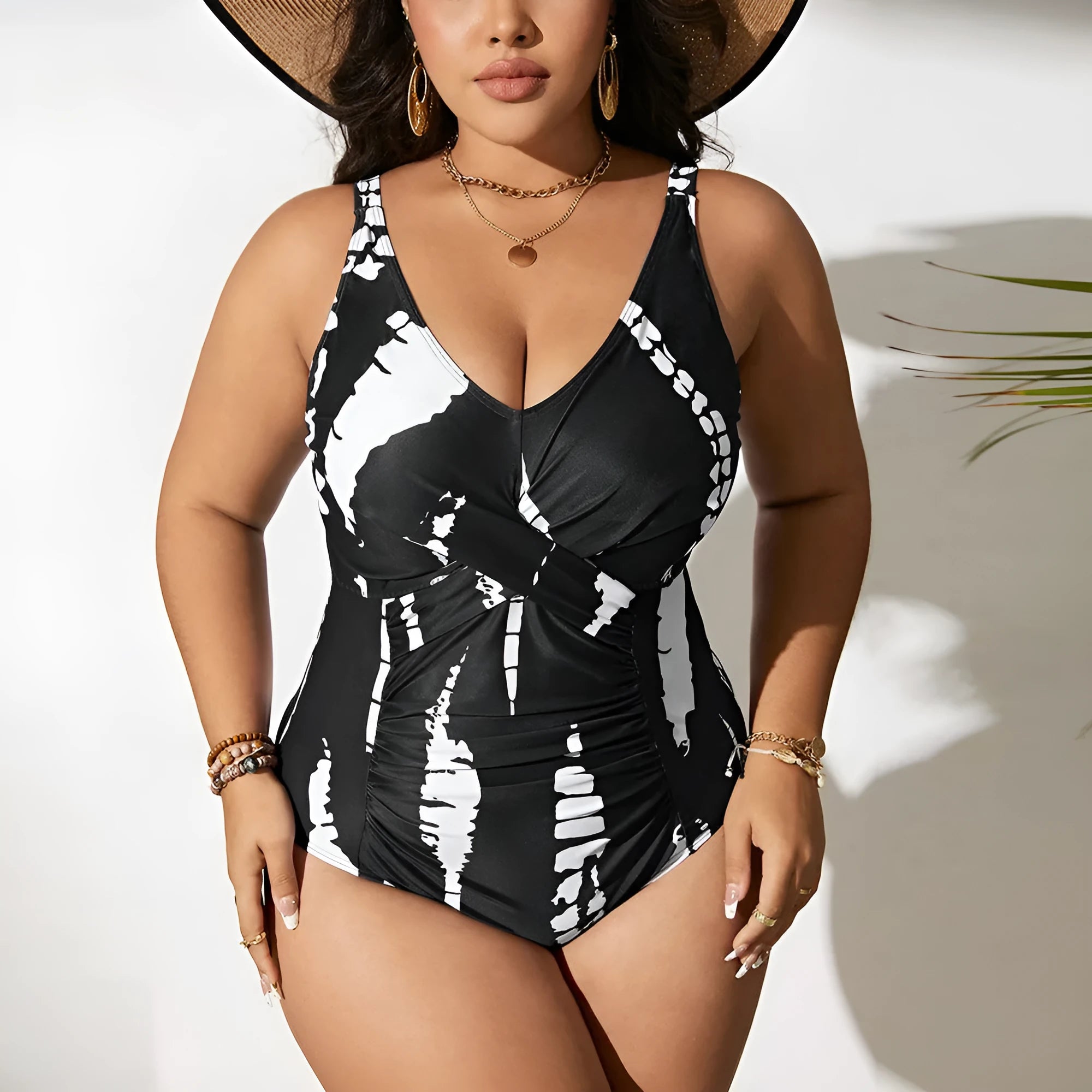 Black one-piece swimsuit with Siamese pattern in extended sizes from 0XL to 5XL