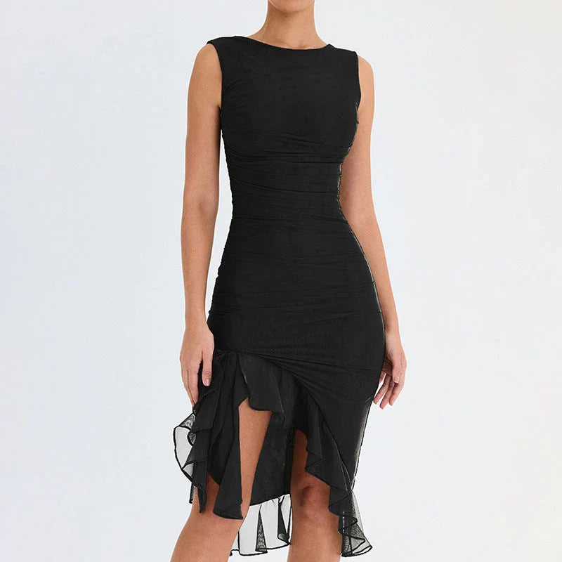 Sleeveless mini dress in solid colors, including black, army green, and purple, with a flattering bodycon silhouette and collage-inspired splicing detail.