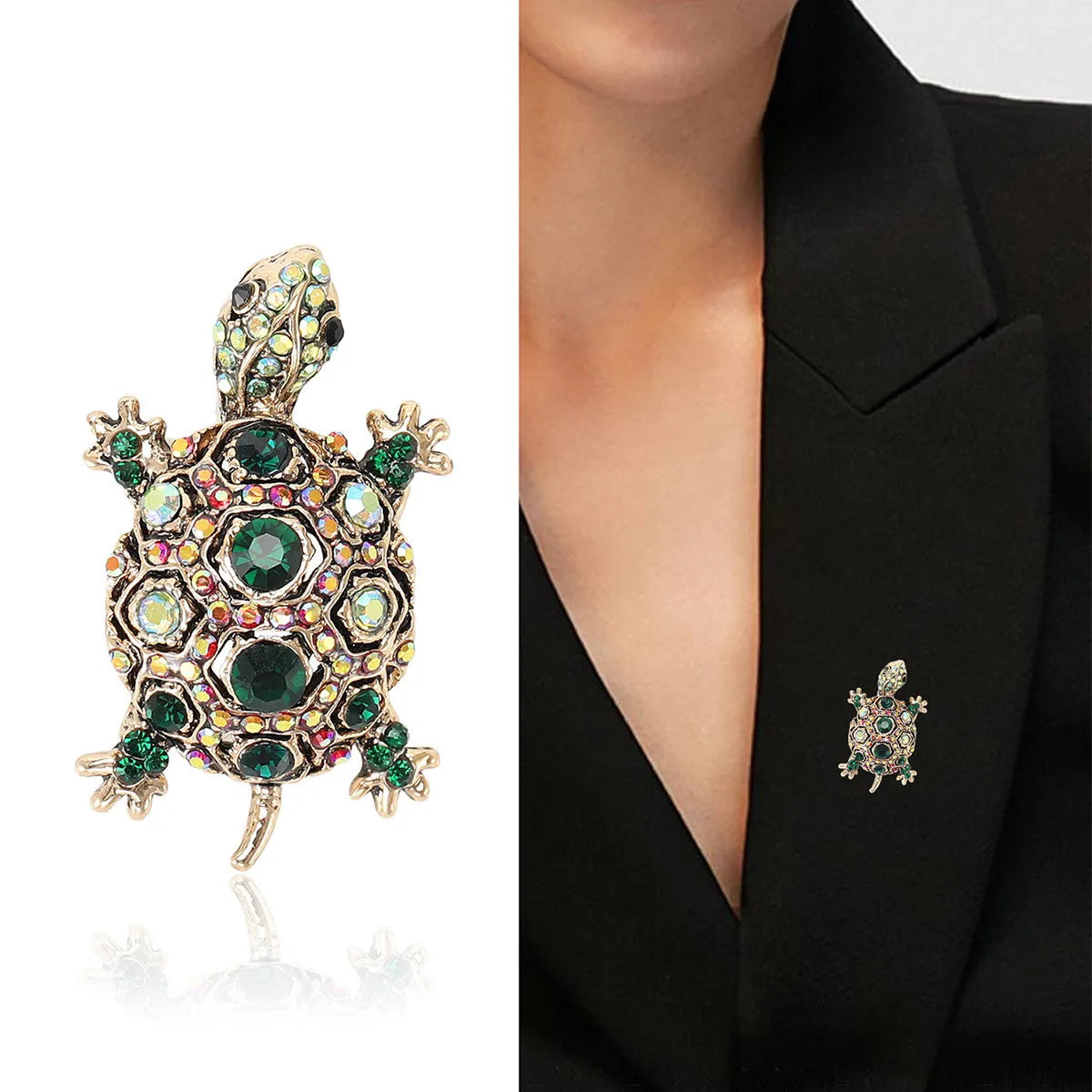 Alloy turtle brooch with rhinestone decoration in green, blue, or red colour options