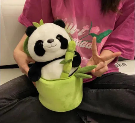 Plush panda pillow holding bamboo stalk, 25cm tall with PP cotton filling