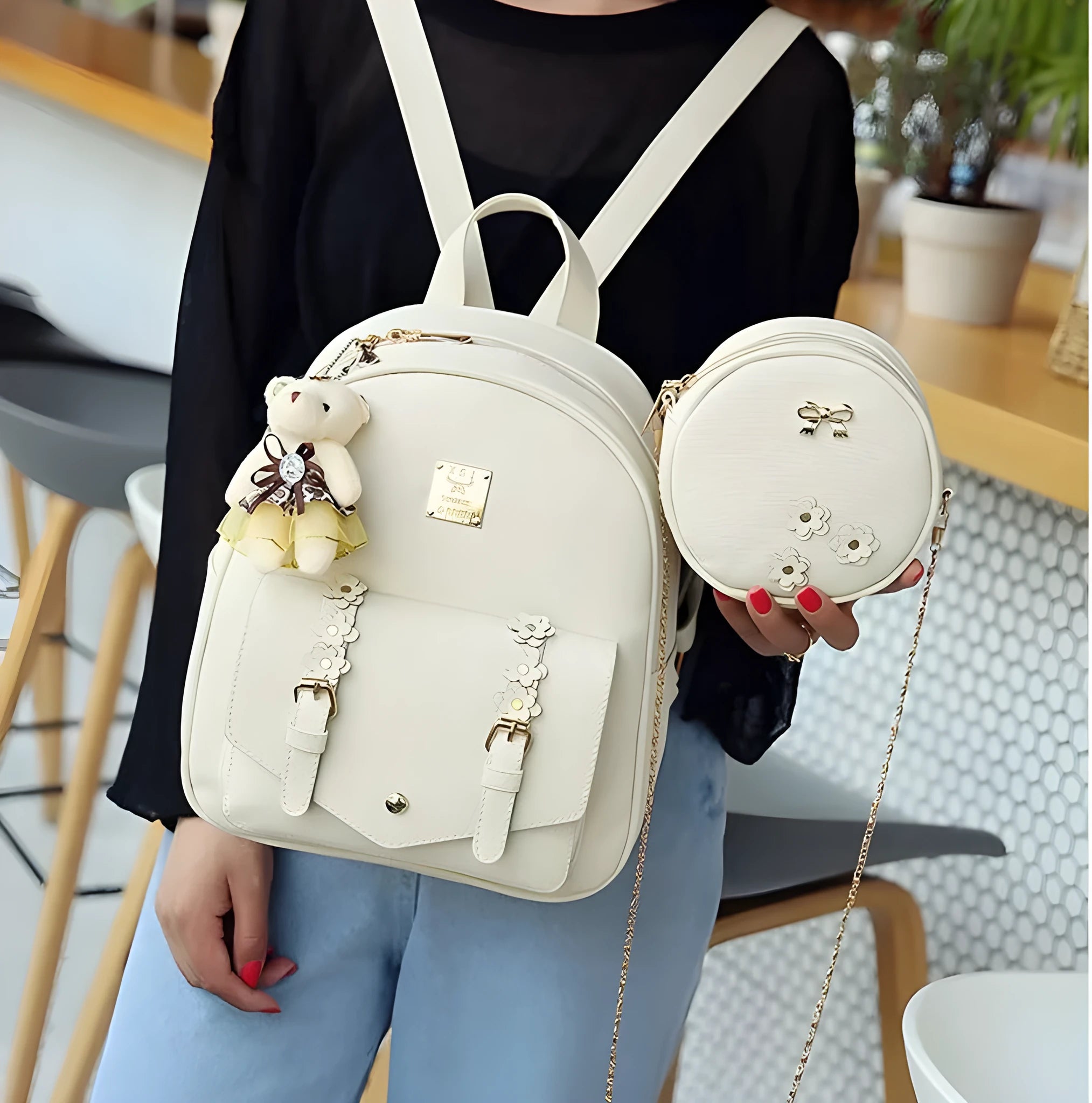 Three-piece PU leather backpack set for teenage girls showing backpack, shoulder bag and card holder