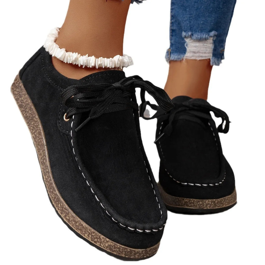 Black unisex lace-up flat shoes with round toe, PU upper, sizes 36-43
