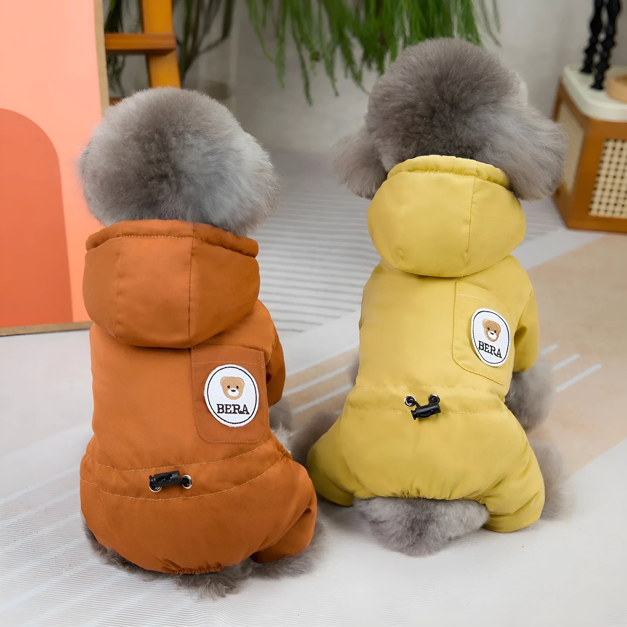 Casual polyester dog clothing in brown for autumn and winter wear, available in sizes S to XXL.
