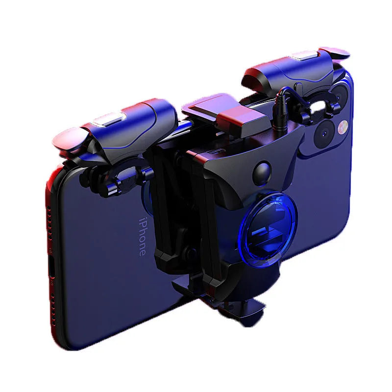 Blue and red mobile gamepad joystick button shooter controller in ABS and metal, 38mm x 32mm x 12mm