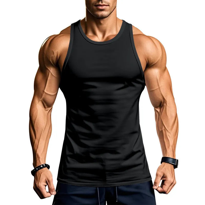 Men's black quick-dry polyester sports fitness vest with slim fit and straight hem on a model