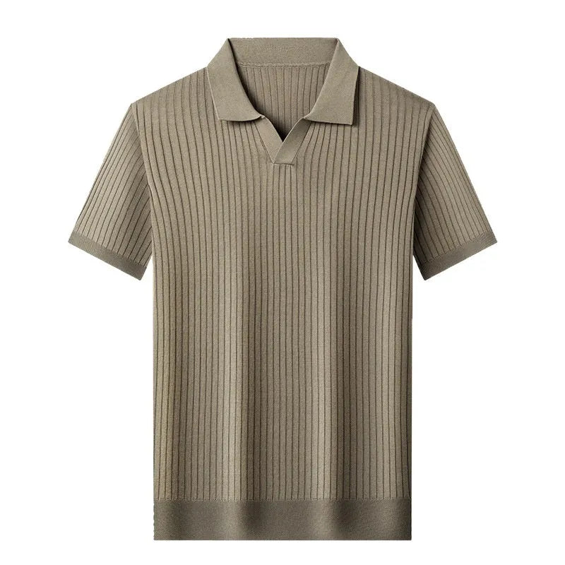 Men's striped mulberry silk T-shirt with lapel design in multiple colour options