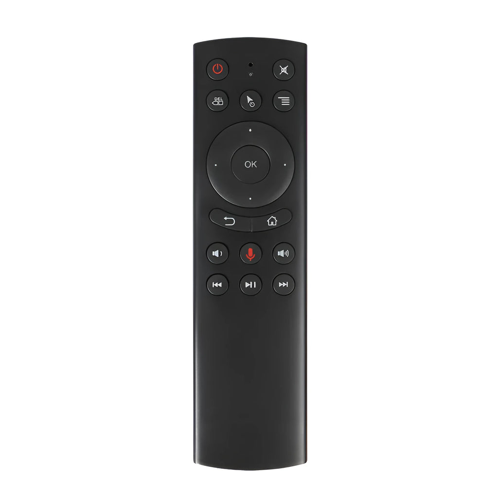 G20 black wireless flying mouse remote with multiple buttons next to its small USB receiver.