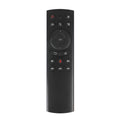 G20 black wireless flying mouse remote with multiple buttons next to its small USB receiver.