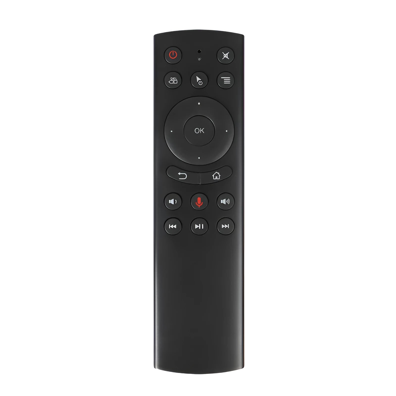 G20 black wireless flying mouse remote with multiple buttons next to its small USB receiver.