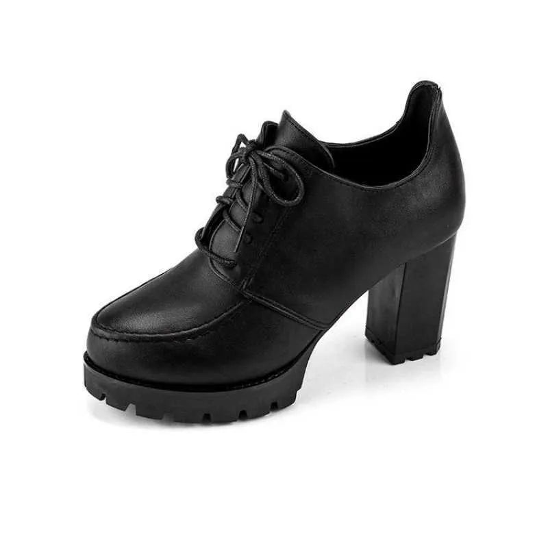 Women's platform high heels with thick heel, round toe, lace-up front, black PU upper, rubber sole