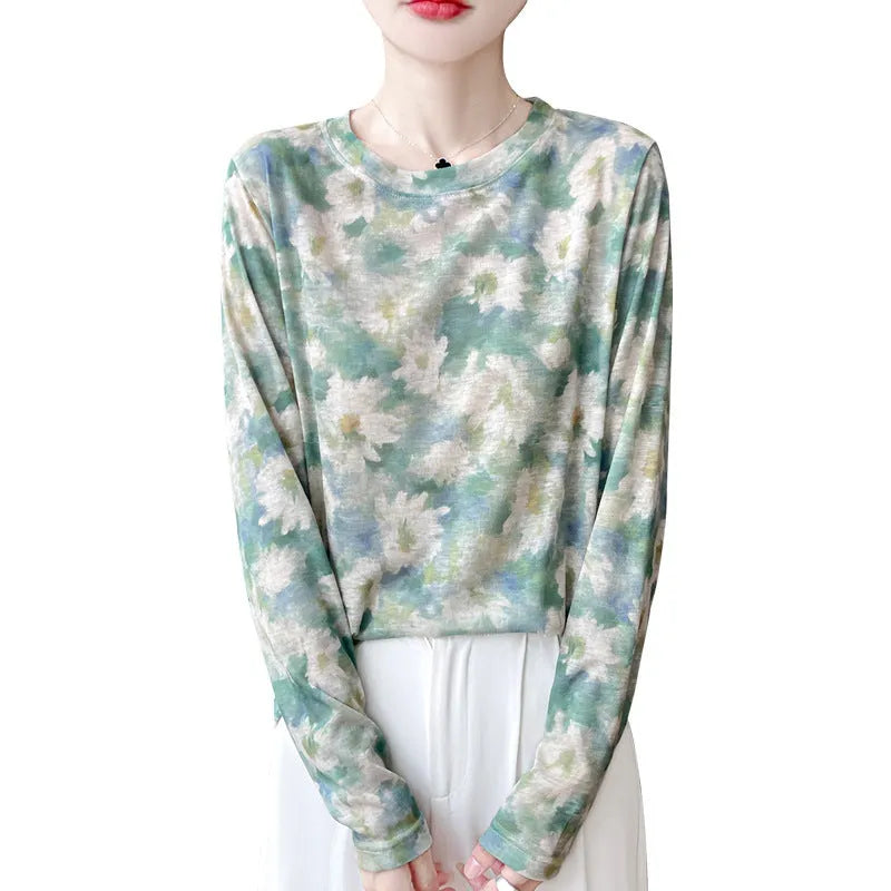 Women's round neck Tencel cotton pullover with floral printed design in various colour options