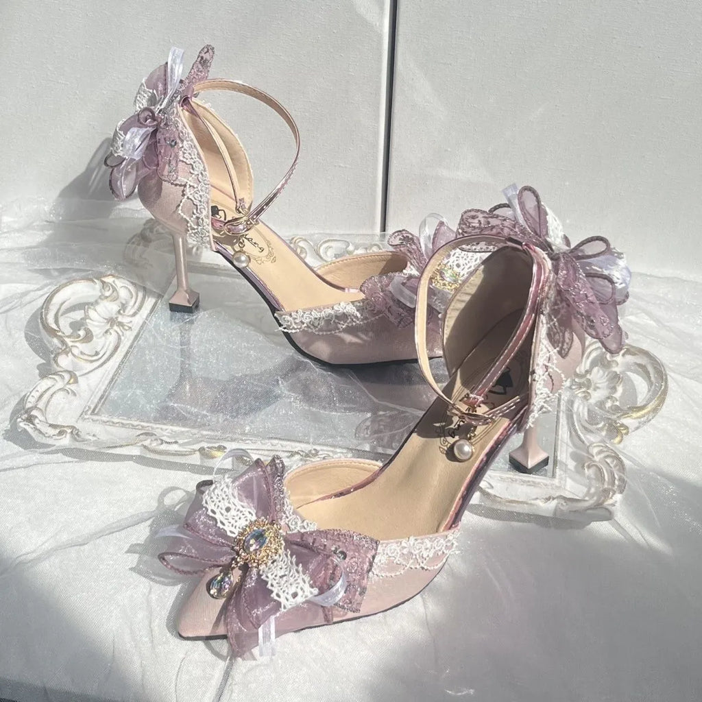 Purple satin wedding shoes with square toe design and lolita styling elements