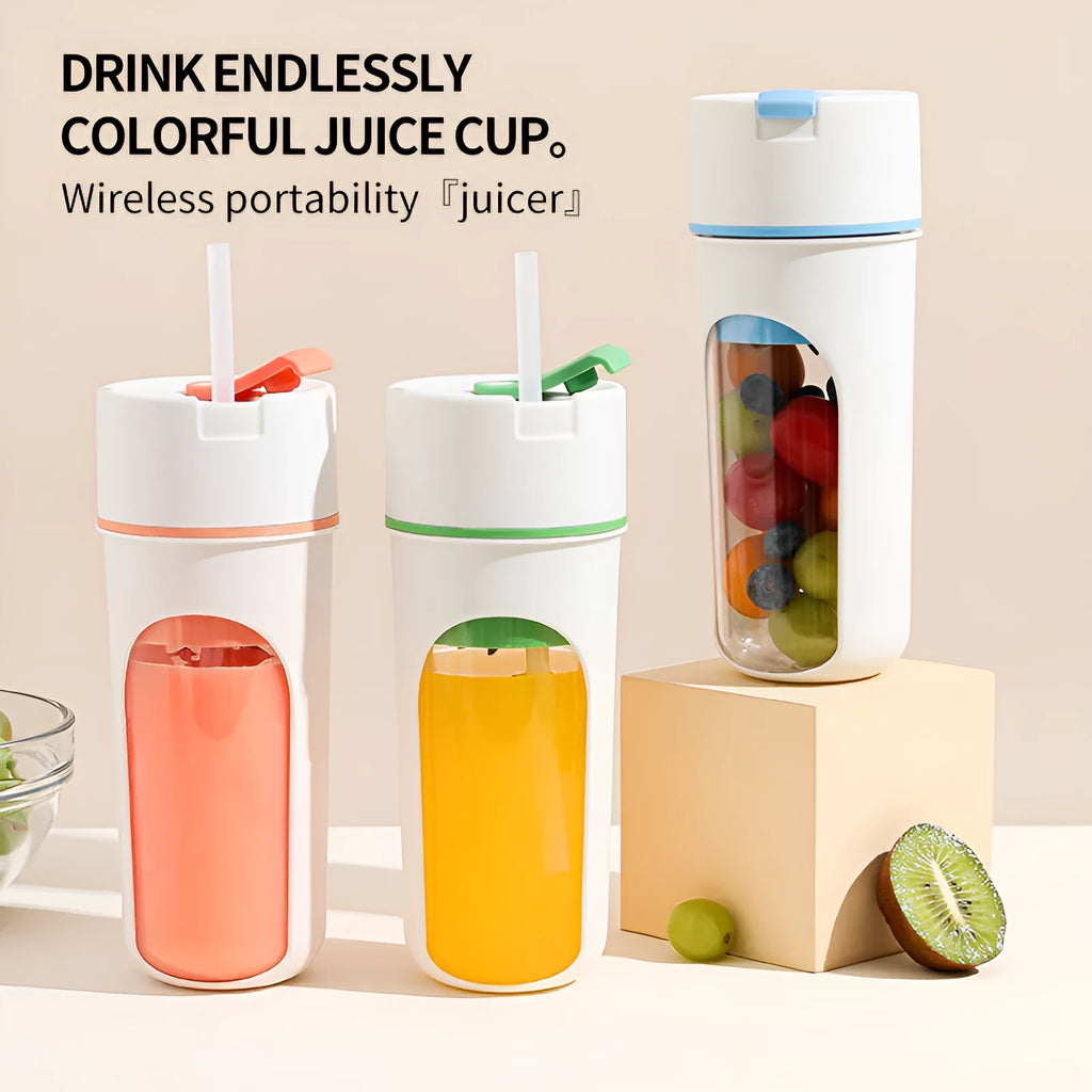 Portable electric juicer blender with USB charging in blue, green or orange colours showing 400ml capacity cup