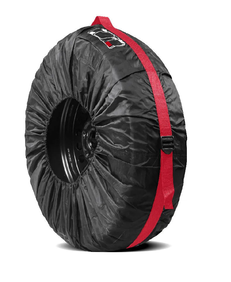 Set of four Oxford cloth 210D polyester car tyre protective covers with belt closure in black or red styles