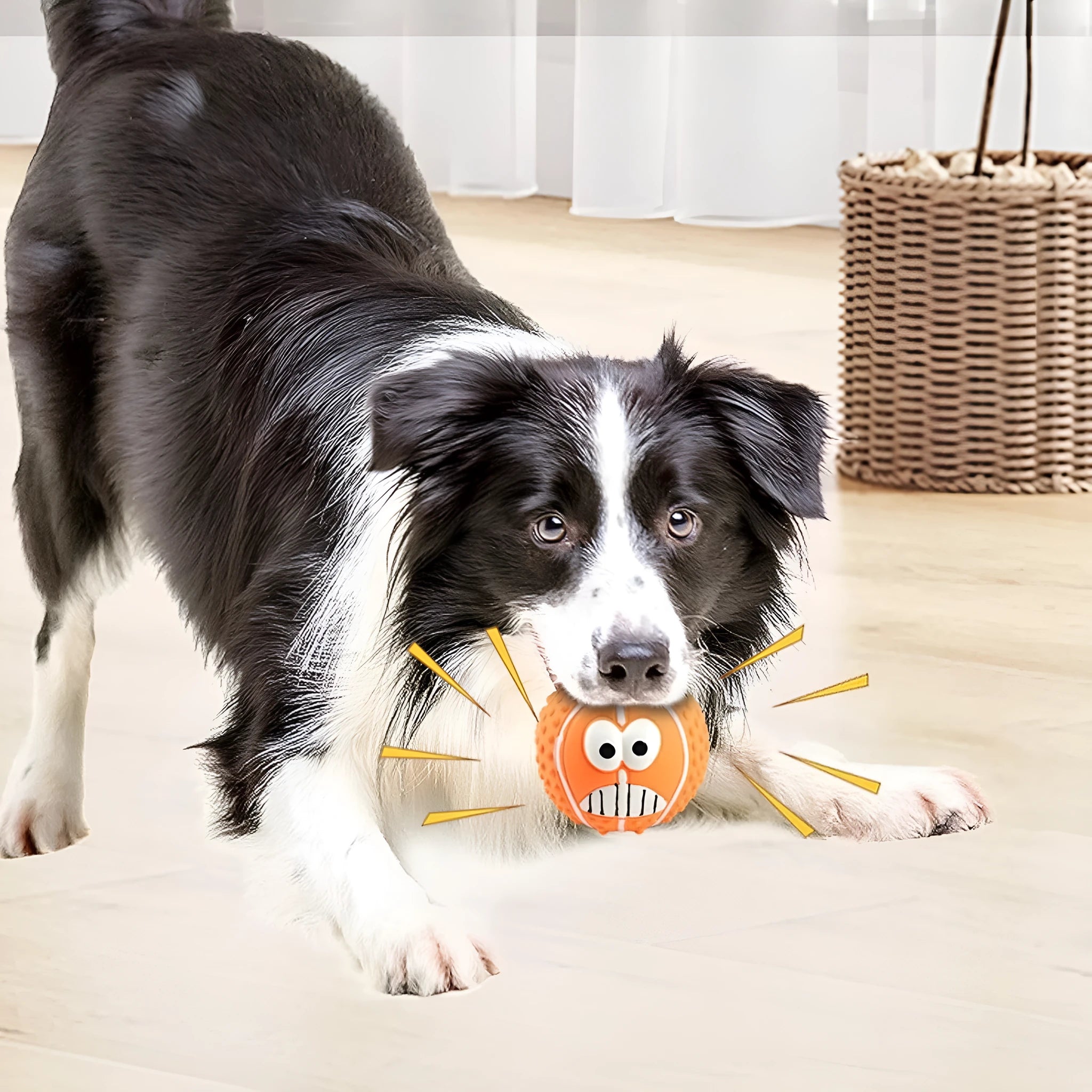 Green latex squeaky dog ball with smile face design for fetch and chew play