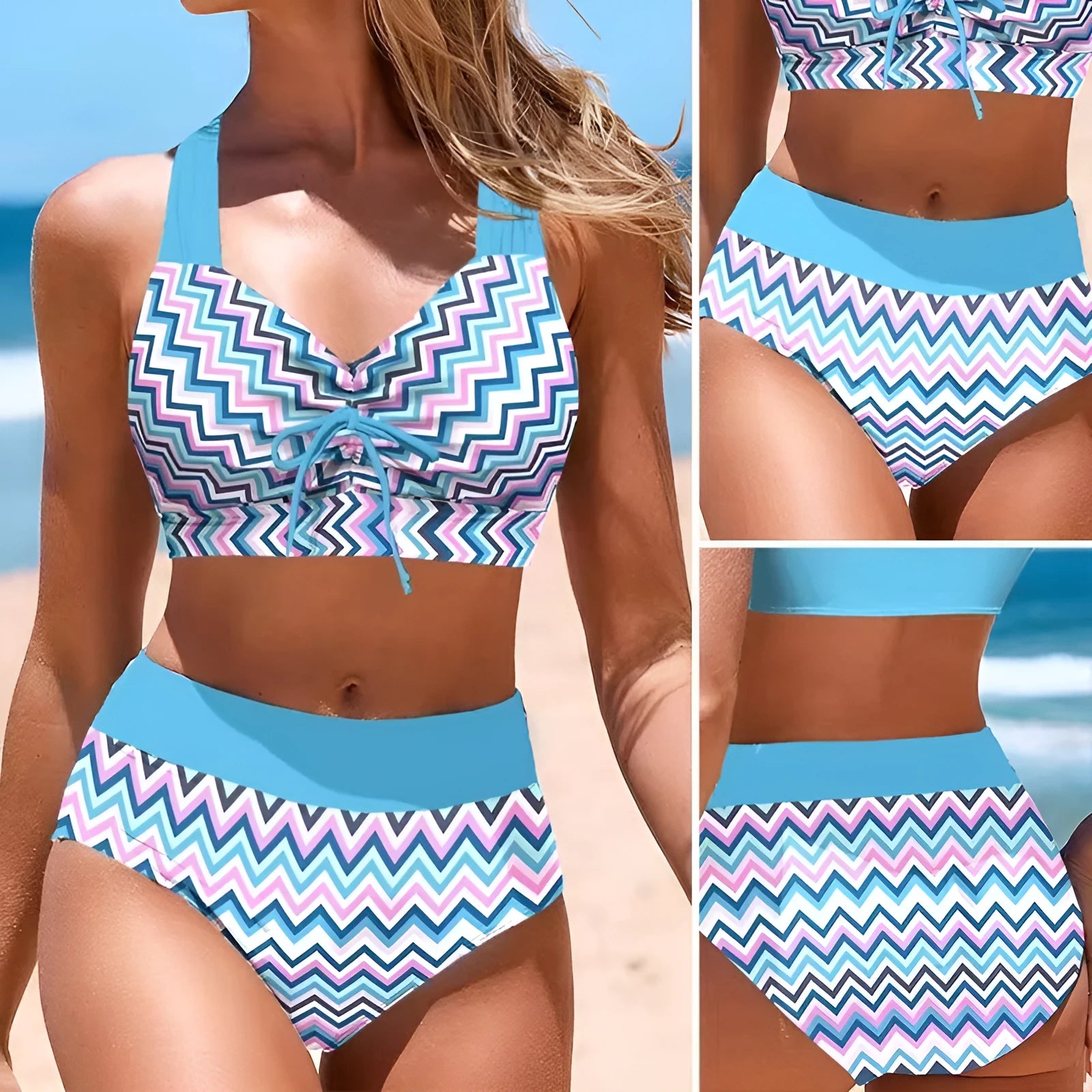 Blue women's one-piece swimsuit with cross-strap back, shown on a mannequin.