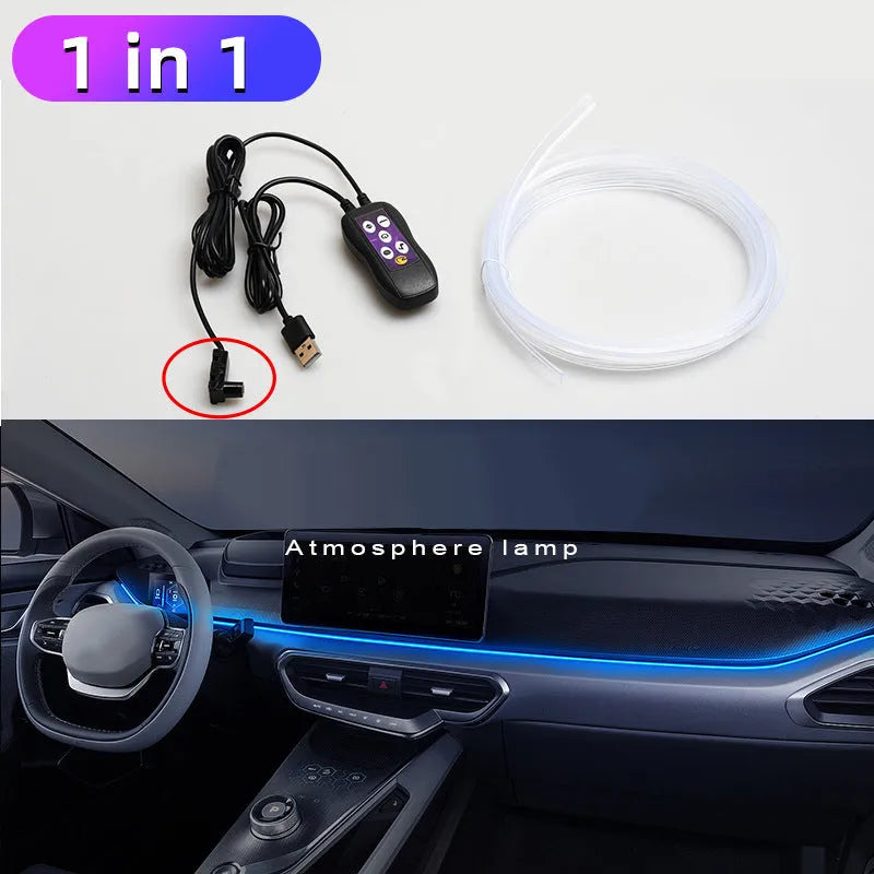 Car interior LED atmosphere light with colourful changing effects installed along dashboard