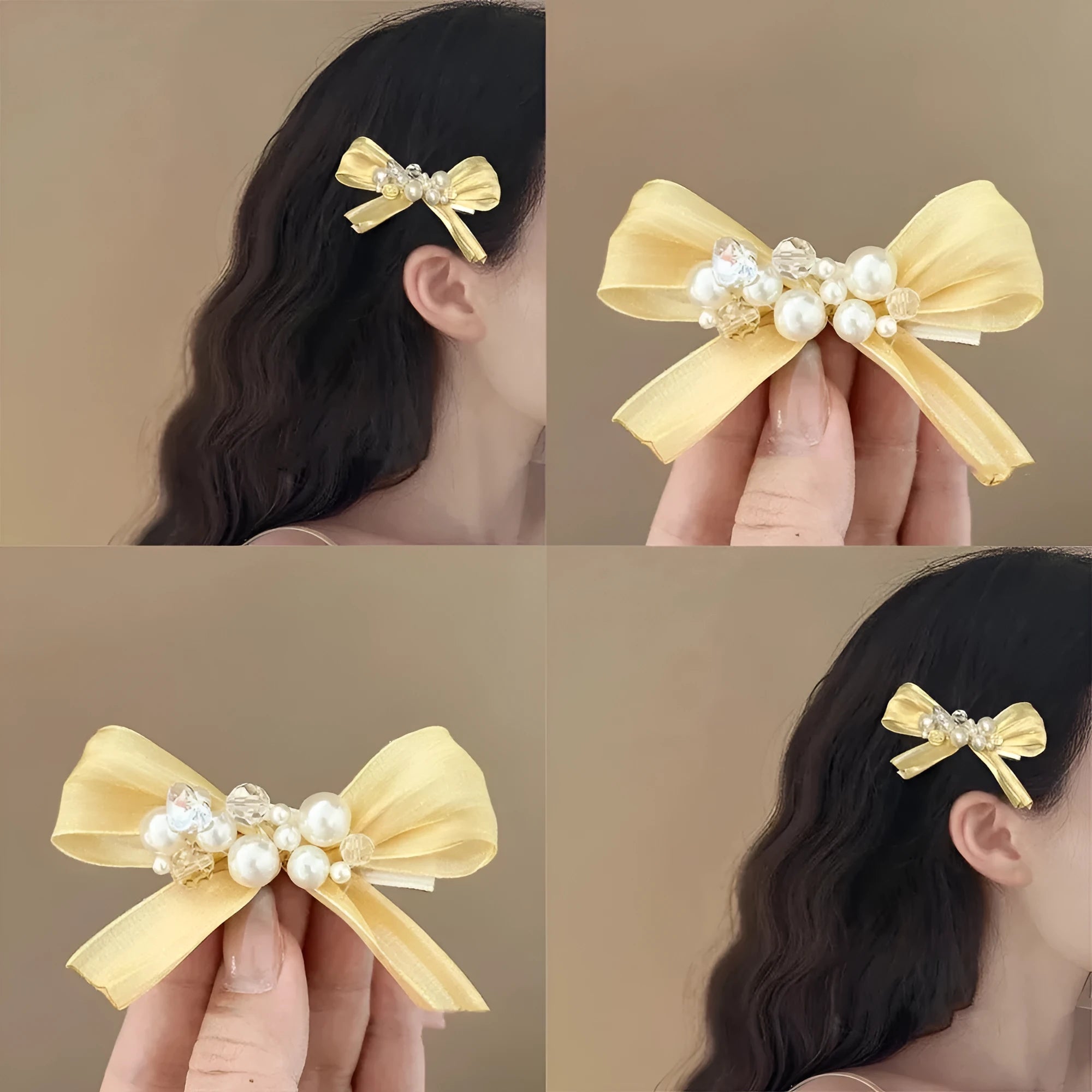 Yellow cloth bow barrette with rhinestone and pearl accents on duckbill hair clip