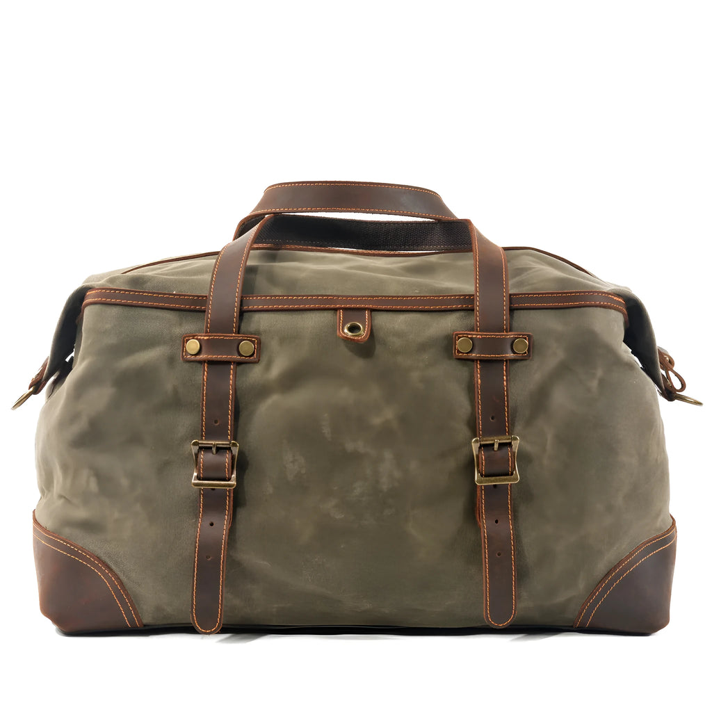 Men's canvas outdoor gym bag with waterproof oil wax leather trim in khaki colour