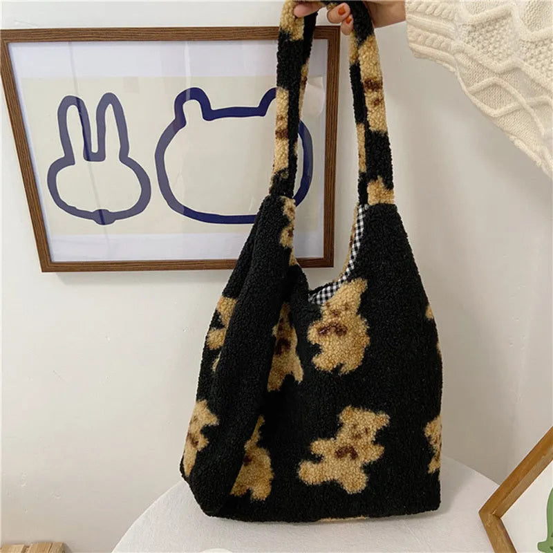 Cute bear print polyester shoulder bag in beige with soft handle and square vertical section shape