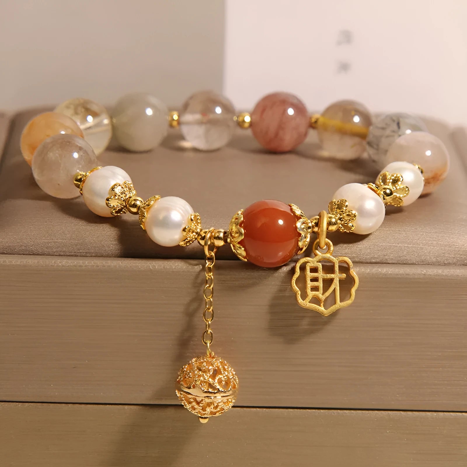 Women's crystal pearl bracelet with colourful hair crystal pearls and Chinese character Cai decoration