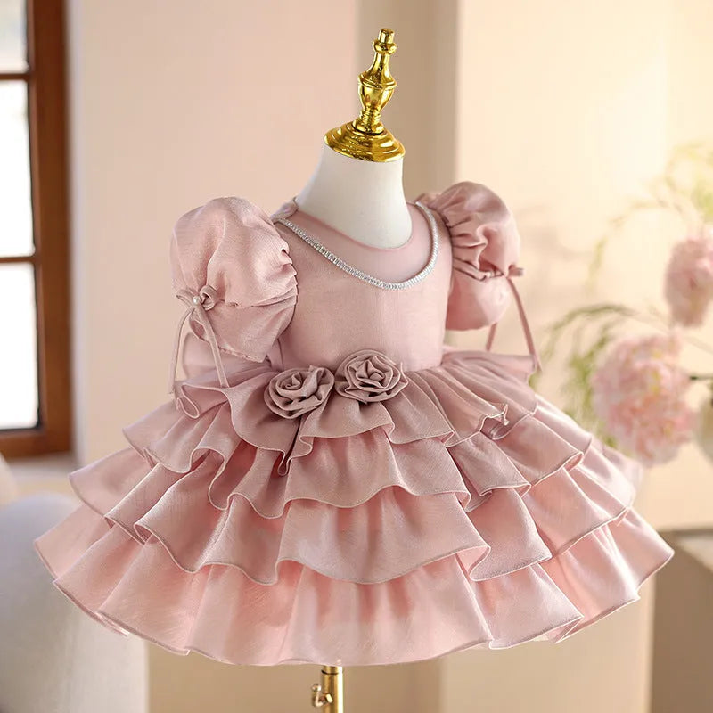 Girls pink princess piano performance dress with polyester lining, available in heights 80cm to 150cm