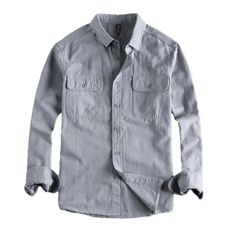 Men's loose fit long sleeve polyester overall shirt in light grey.