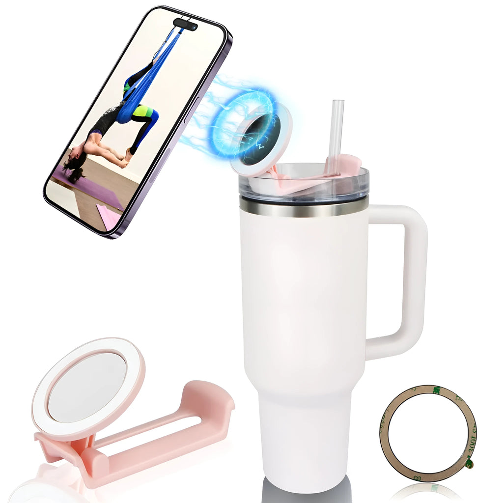 Black universal plastic car cup holder mobile phone mount with phone inserted