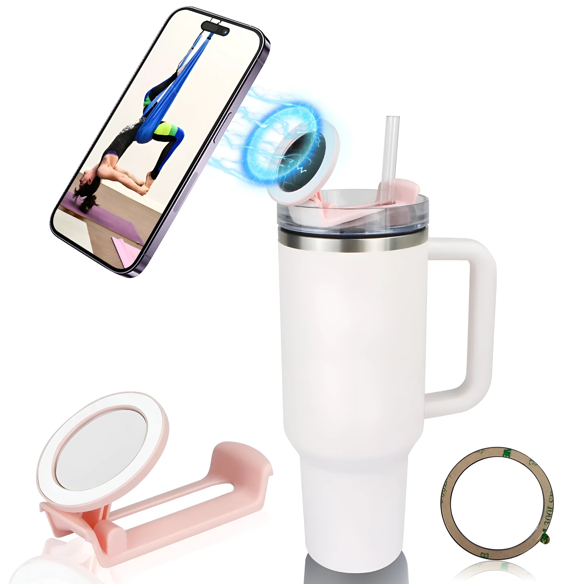Black universal plastic car cup holder mobile phone mount with phone inserted