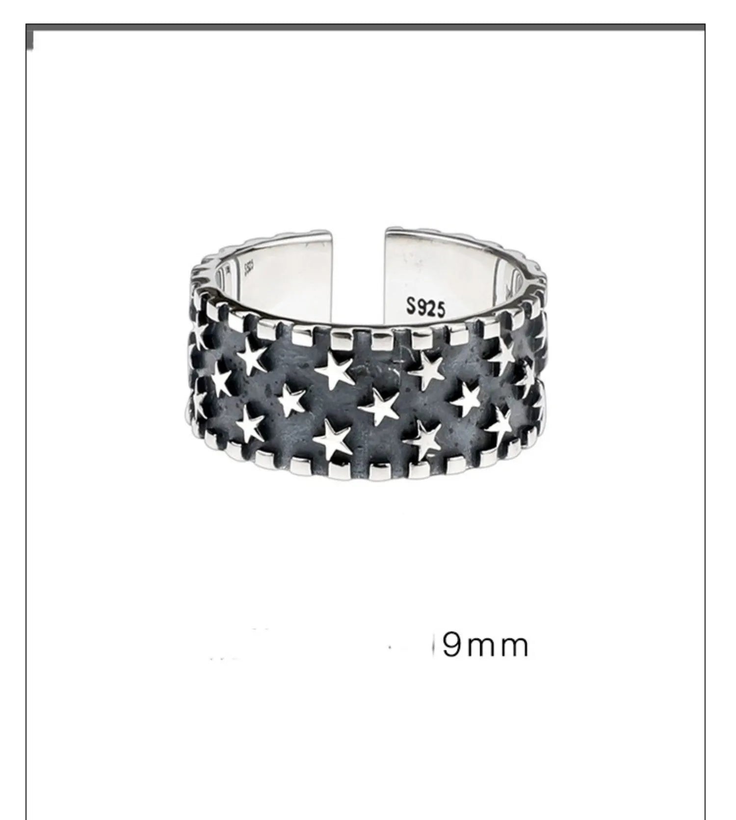 Adjustable sterling silver ring with geometric five-pointed star design on finger