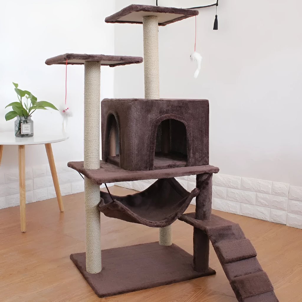 Cat climbing frame with scratching post made from environmentally friendly board in beige colour