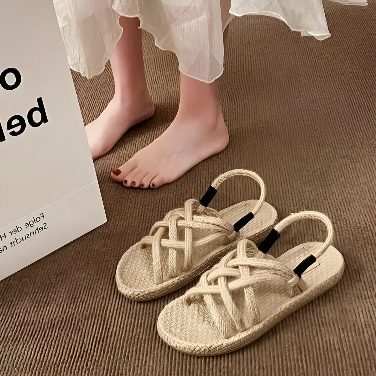 Braided hemp rope sandals in black or khaki, lightweight non-slip rubber sole, sizes 35-40