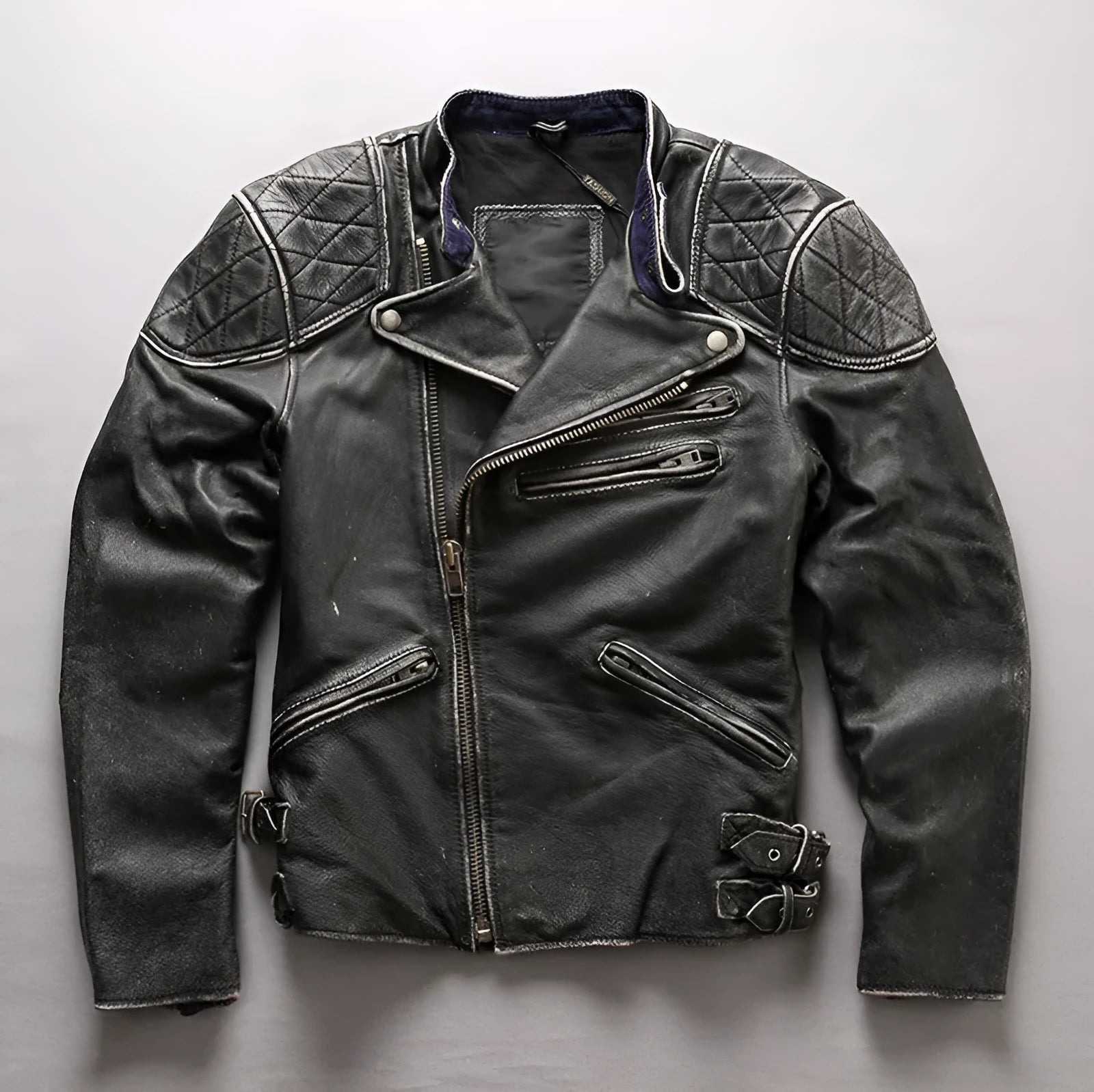 Men's distressed stand collar cropped slim leather jacket in black cowhide