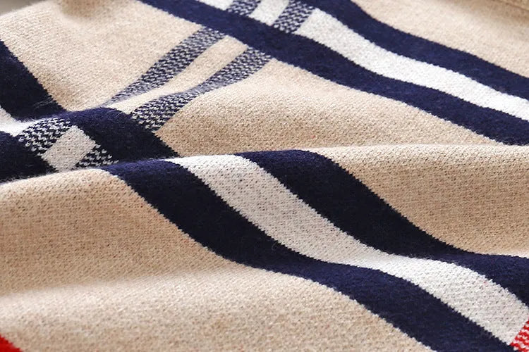 Boys plaid jacquard pullover sweater in apricot and navy blue colours with long sleeves