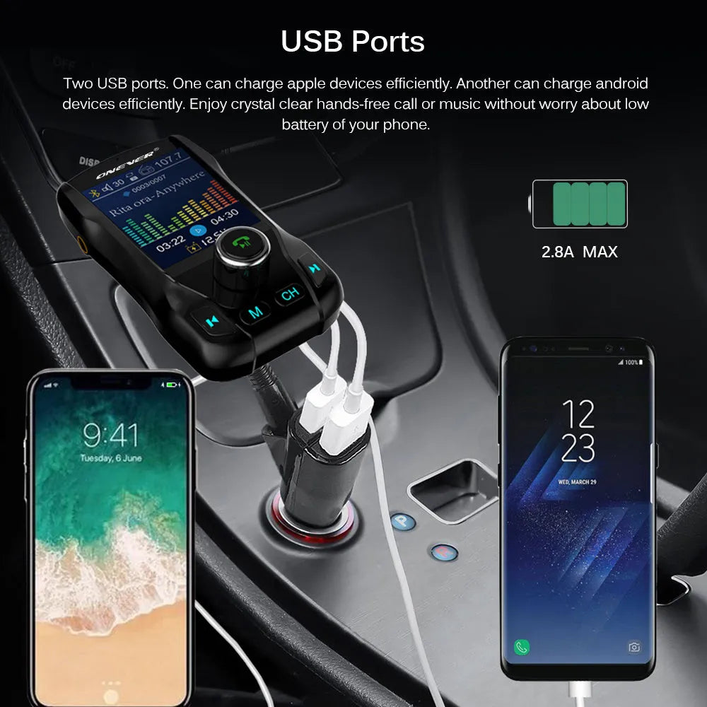Black car Bluetooth FM transmitter with colour screen and dual USB ports plugged into a car dashboard