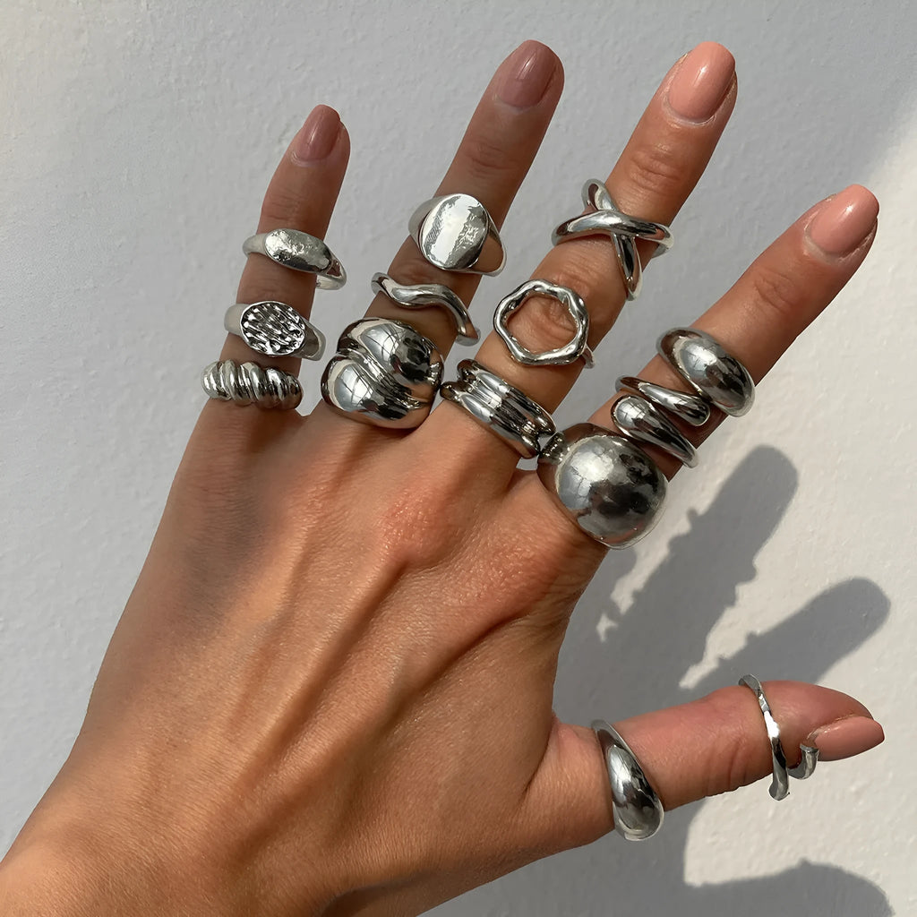 14 piece adjustable geometric ring set in Gold or White K with open-mouth alloy bands