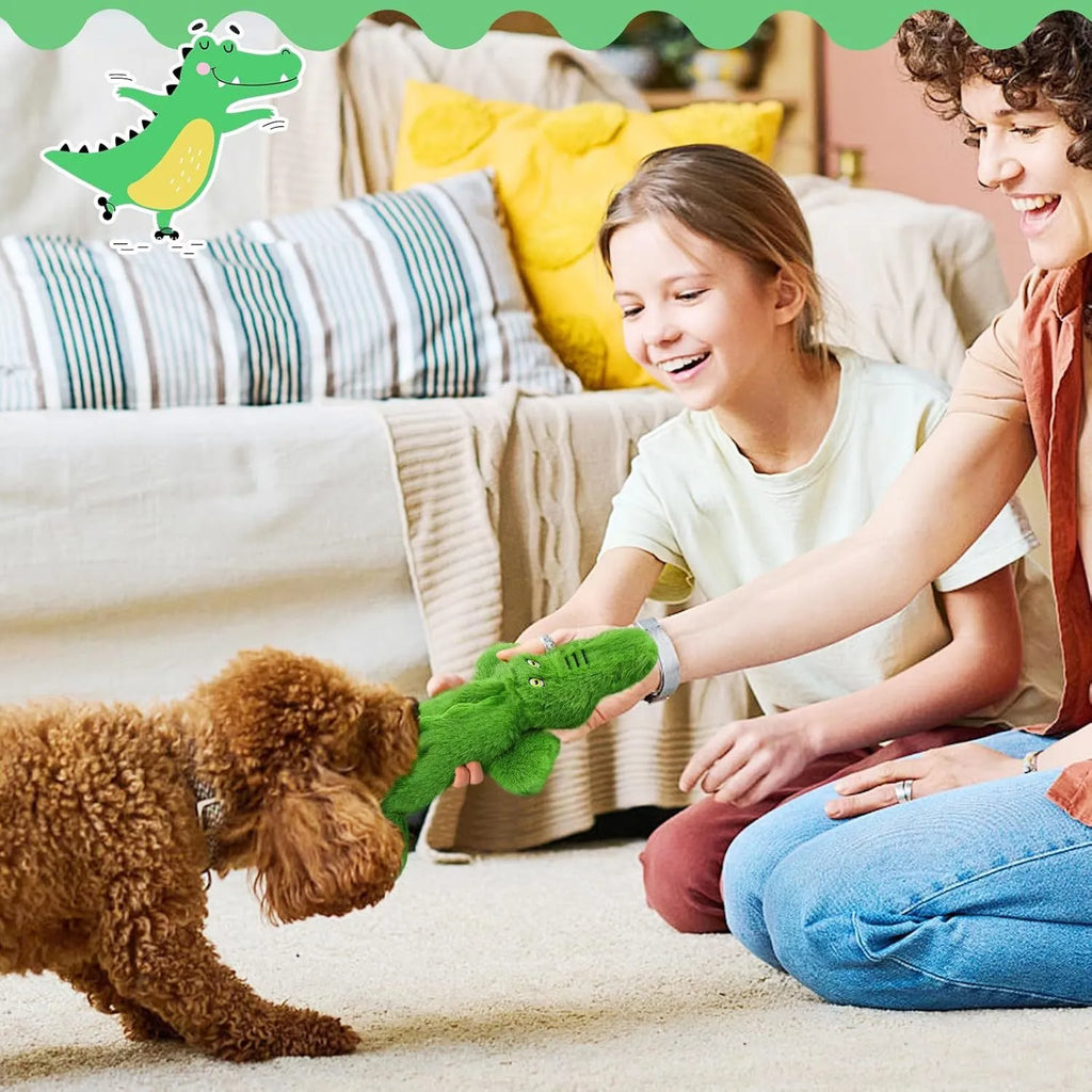 Dark green plush crocodile dog toy with no stuffing, squeaker, and crinkle paper