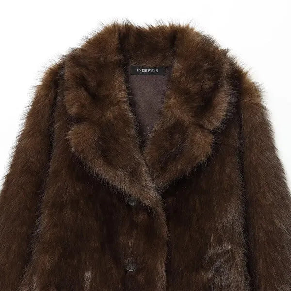 Brown women's double-sided faux fur effect jacket coat with faux fur collar, long sleeves, 50cm length, sizes XS to L