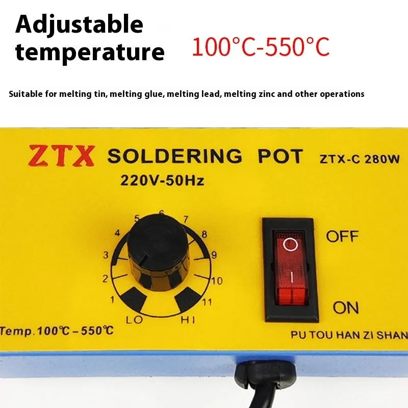 Desktop tin melting furnace with thermostat dial and titanium-plated pot on a workbench.