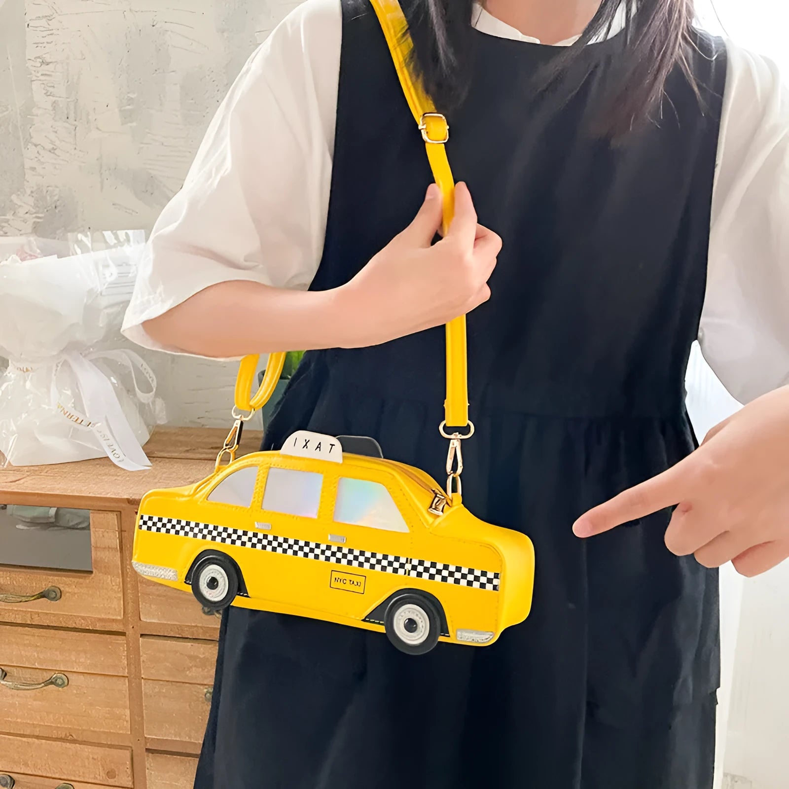 Yellow PU messenger bag for women with letter pattern, horizontal square shape, 30x9x10cm