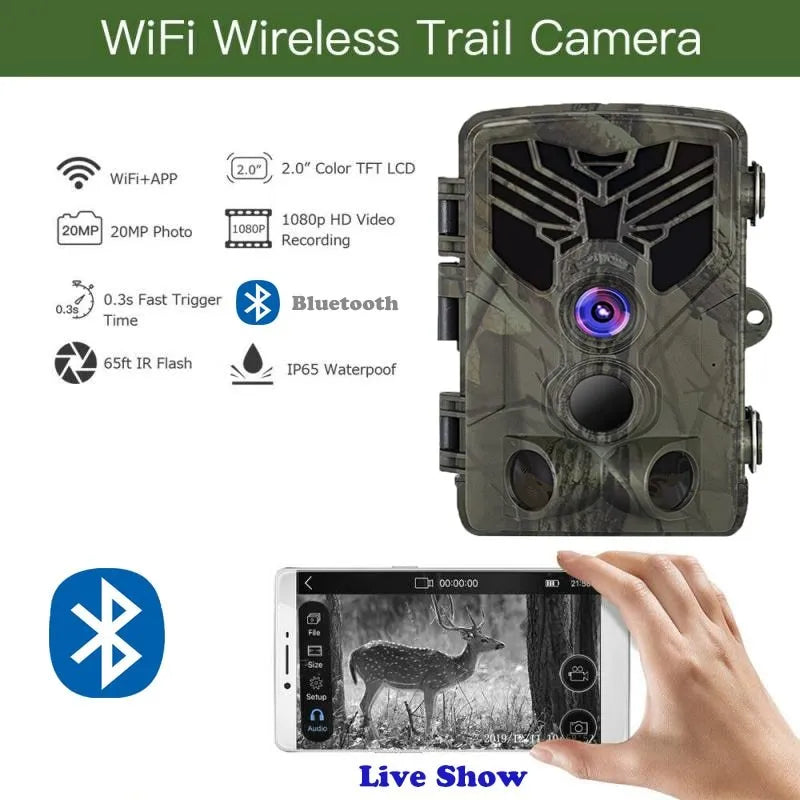 Wifi830 trail camera with camouflage finish, showing lens, IR LEDs, and mounting strap.