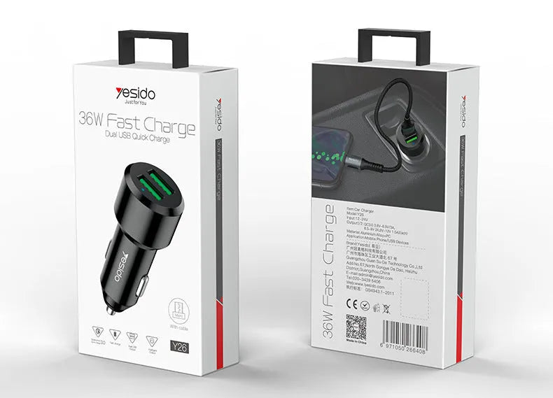 Black dual USB car charger with QC3.0 fast charge output and aluminium alloy body