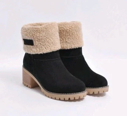 Stylish mid-calf suede snow boots with thick heels in various colors including gray, khaki, black, orange, and green