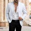 Men's Korean slim fit blazer in solid colour cotton blend with patch pockets, front view, available in white, light blue, khaki, sizes S to 3XL