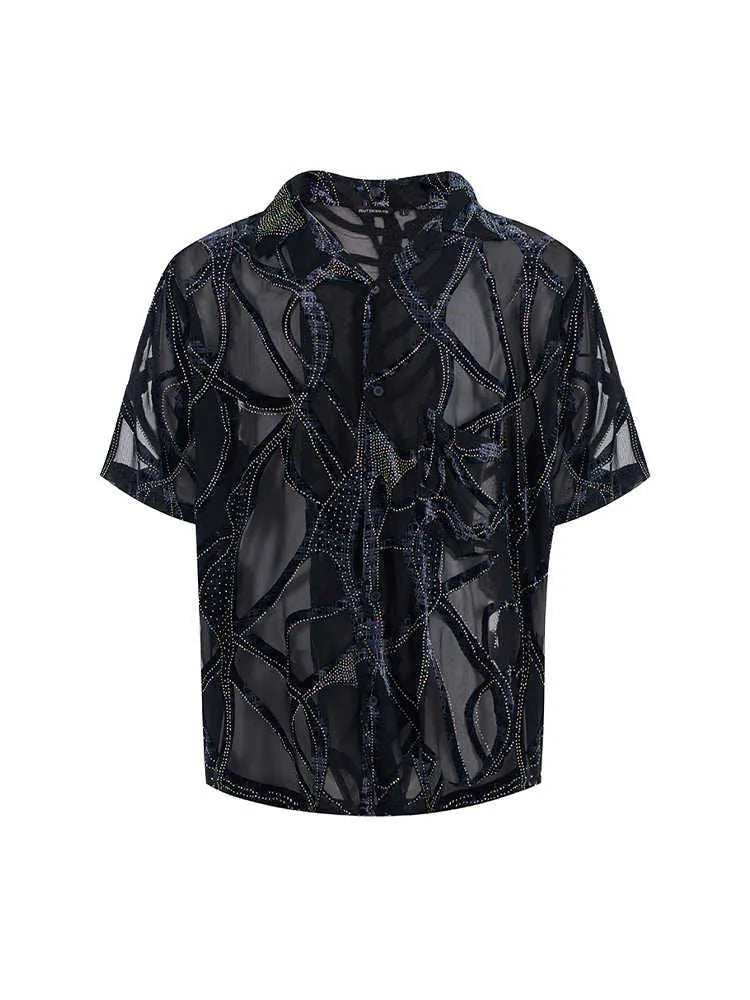Men's black and grey snake pattern translucent short-sleeved shirt with lapel collar